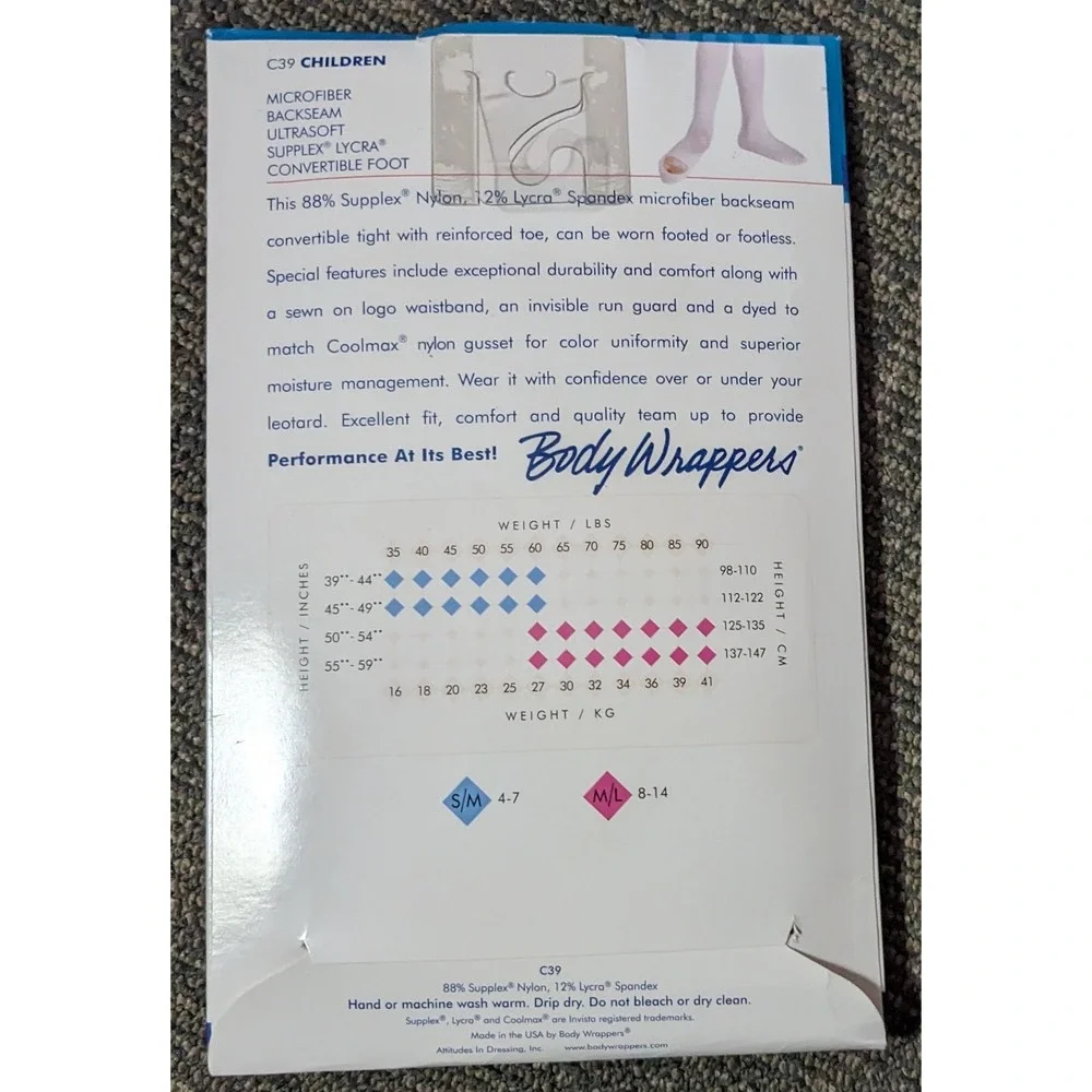Body Wrappers Tights C39 Girls S/M‎ Theatrical Pink Backseam Convertible Dance